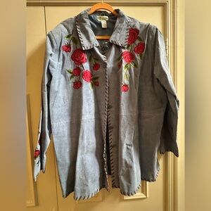 Quacker Factory Blue Suede Jacket with Red Floral Embroidery.  Size 2x
